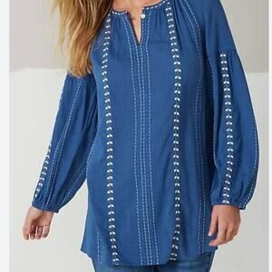 J. Jill Womens Geometrically Embroidered Blue Long Sleeve Tunic Size Small